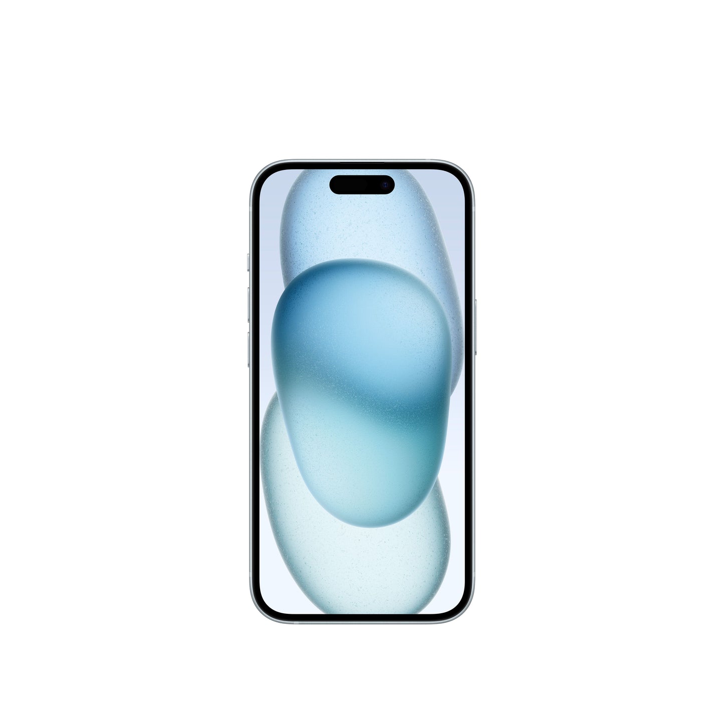 A studio product render of the blue iPhone 15 showing the front display with its pill-shaped Dynamic Island cutout and thin bezels.