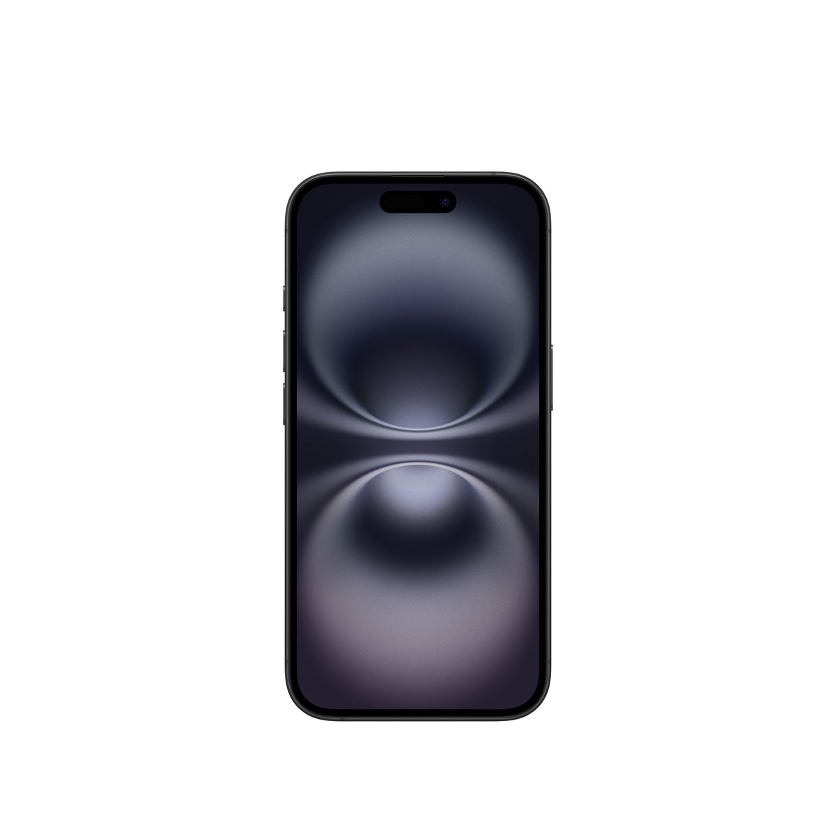 A front-facing view of the dark-colored iPhone 16 showcasing its Super Retina XDR display, slim bezels, physical side buttons on the edge, and the pill-shaped Dynamic Island cutout.