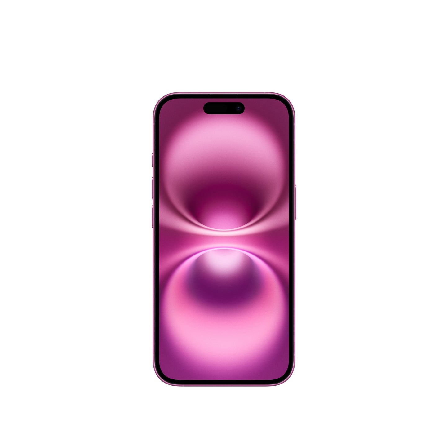 A front-facing view of the pink iPhone 16 showing its vibrant pink Super Retina XDR display, slim bezels, side buttons along the color-matched frame, and the pill-shaped Dynamic Island cutout.