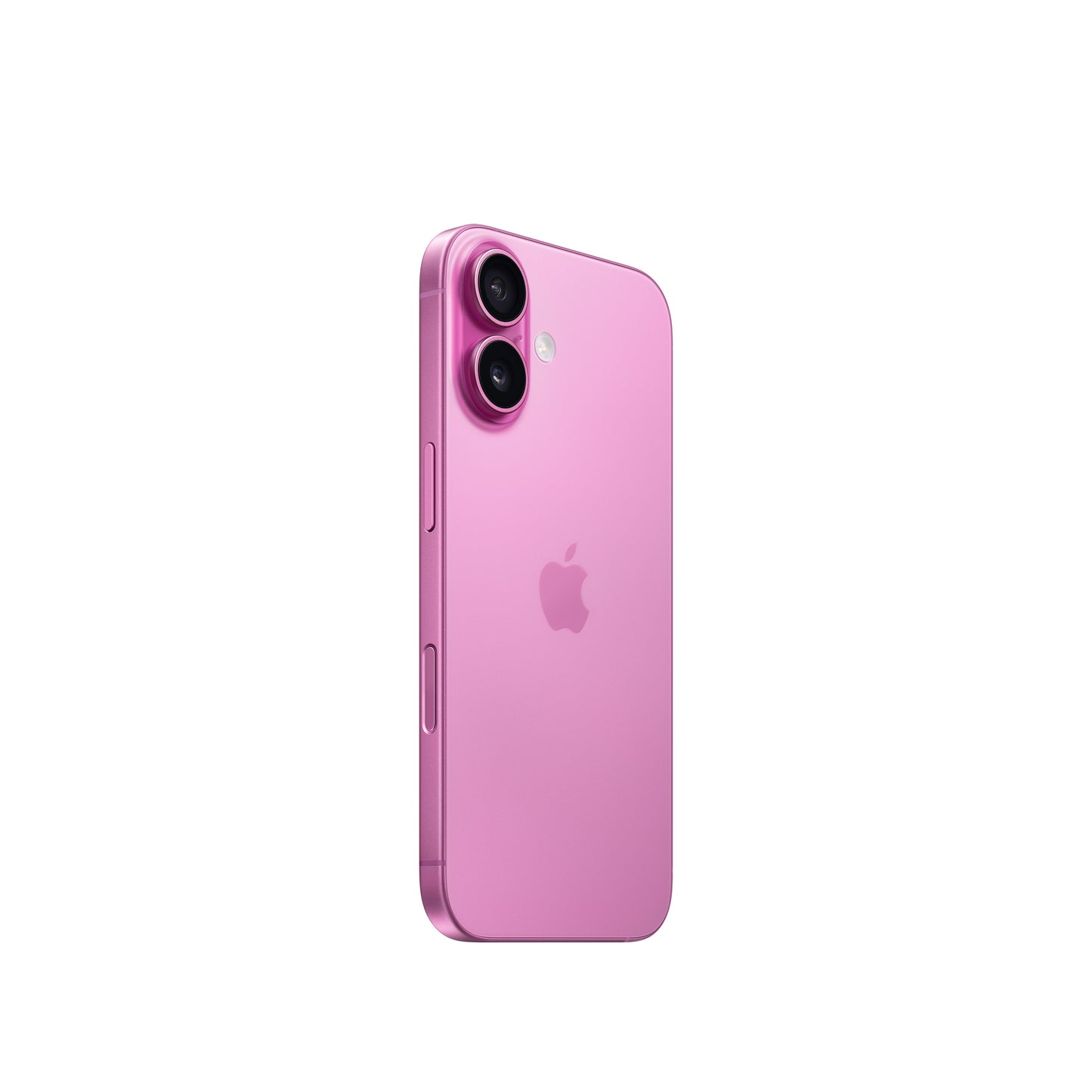An angled rear view of the pink iPhone 16 highlighting its vibrant glass back, centered Apple logo, raised vertical dual-lens camera island with the flash beside it, and the side button layout along the color-matched aluminum frame.