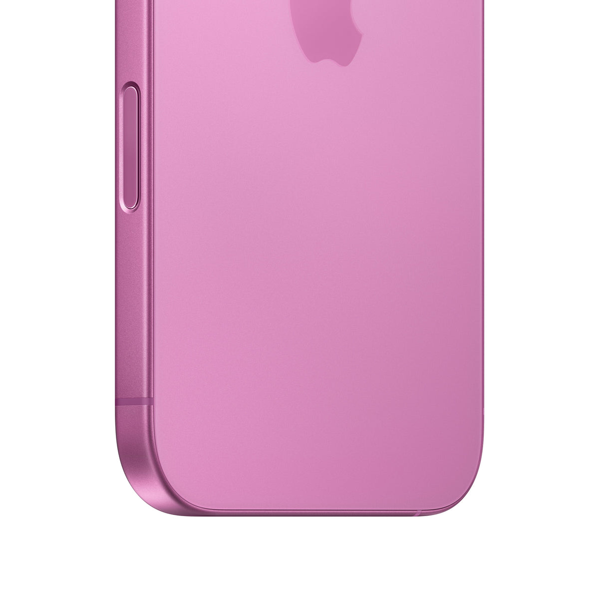 A close-up macro view of the pink iPhone 16 highlighting the rounded bottom corner, the vibrant matte glass back showing the lower portion of the Apple logo, and the physical Camera Control button smoothly integrated into the color-matched aluminum side frame.