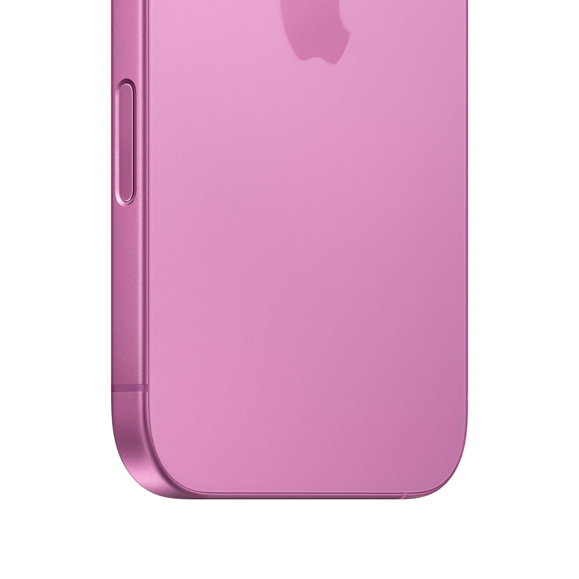 A close-up macro view of the pink iPhone 16 highlighting the rounded bottom corner, the vibrant matte glass back showing the lower portion of the Apple logo, and the physical Camera Control button smoothly integrated into the color-matched aluminum side frame.