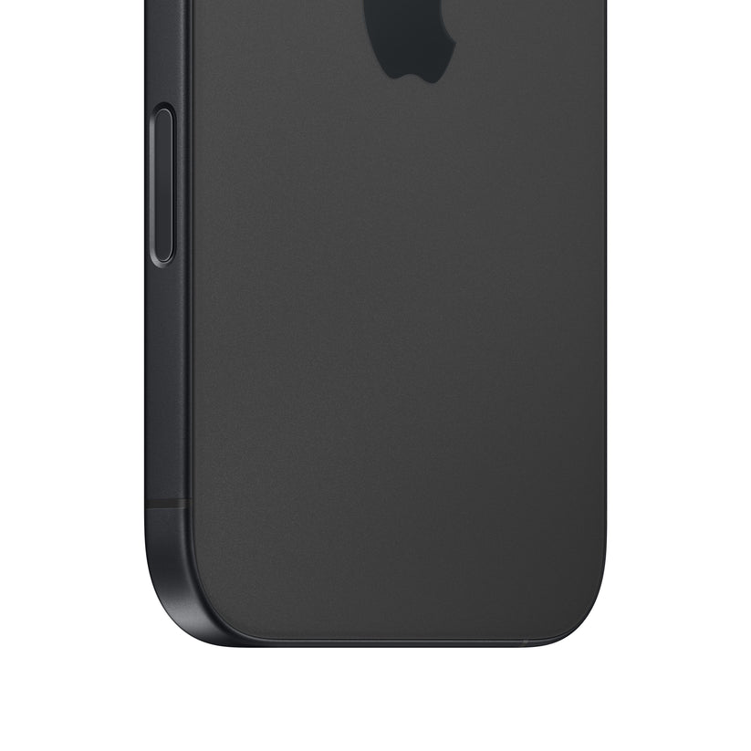 A close-up macro view of the dark-colored iPhone 16 showing the rounded bottom corner, the matte glass back with the lower portion of the Apple logo, and the physical Camera Control button embedded flush into the side frame.