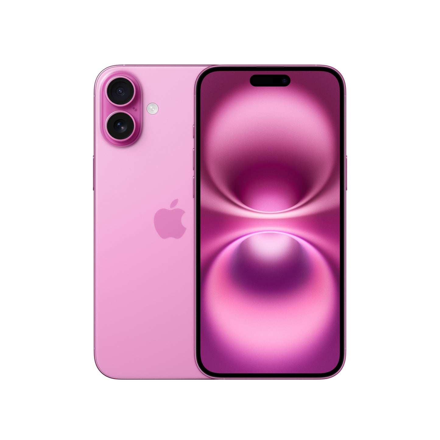 A dual view of the pink iPhone 16 showcasing both the rear panel with its vertical dual-lens camera module and centered Apple logo, alongside the front-facing Super Retina XDR display featuring slim bezels and the pill-shaped Dynamic Island cutout.