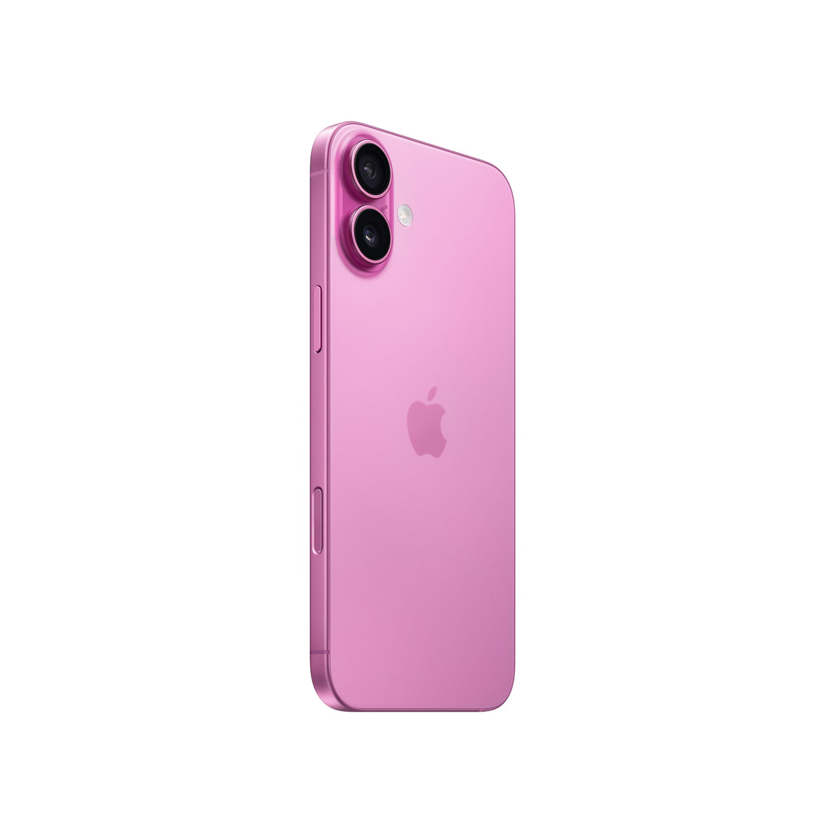 An angled rear view of the pink iPhone 16 highlighting its vibrant glass back, centered Apple logo, raised vertical dual-lens camera island with the flash beside it, and the side button layout along the color-matched aluminum frame.