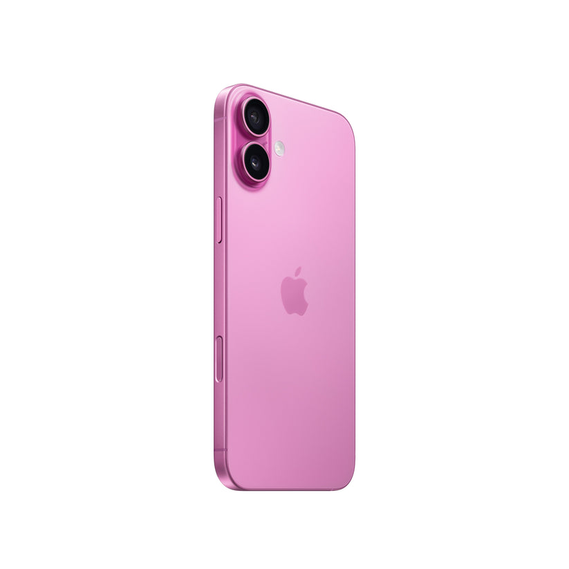 An angled rear view of the pink iPhone 16 highlighting its vibrant glass back, centered Apple logo, raised vertical dual-lens camera island with the flash beside it, and the side button layout along the color-matched aluminum frame.