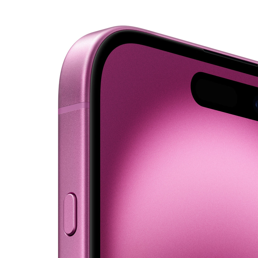 A close-up macro view of the pink iPhone 16 highlighting the rounded corner of the vibrant pink display, the pill-shaped Dynamic Island cutout, and the textured mechanical button integrated into the color-matched aluminum frame.