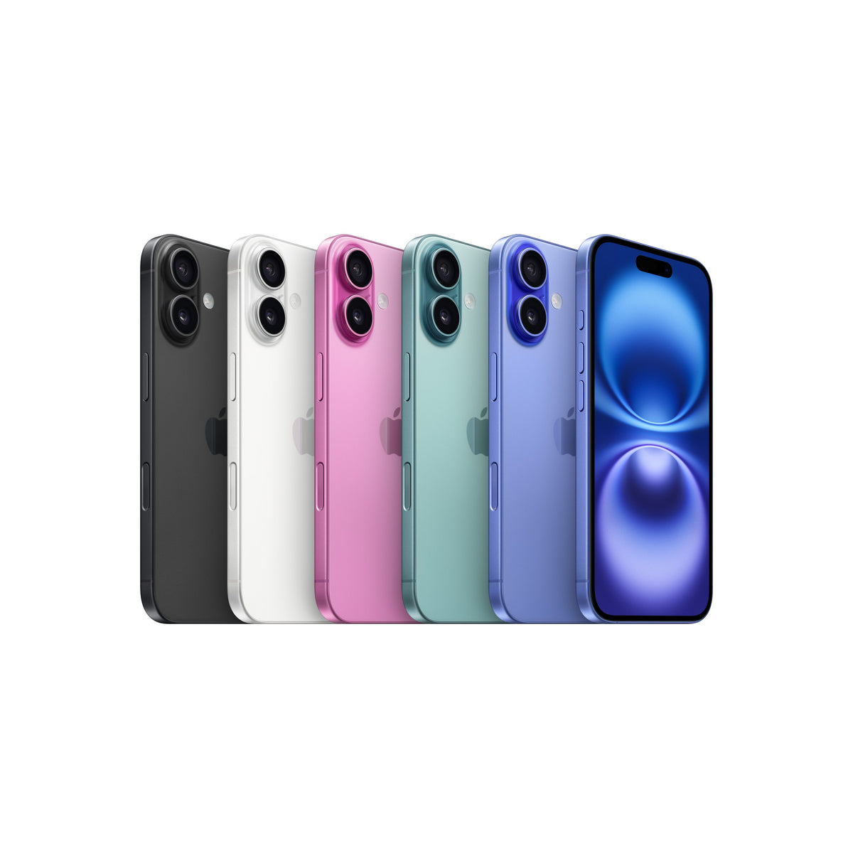 A lineup shot showcasing all five color options of the iPhone 16 displayed side by side, featuring Black, White, Pink, Teal, and Ultramarine, with one unit turned to show its vibrant display and Dynamic Island.