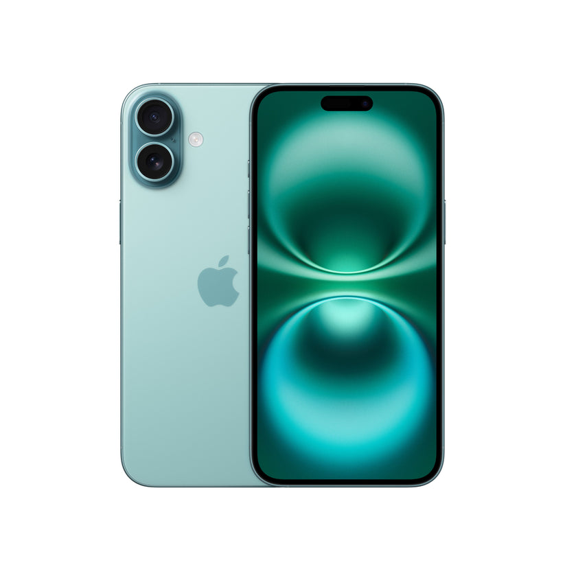 A dual view of the ultramarine iPhone 16 showcasing both the rear panel with its vertical dual-lens camera module and centered Apple logo, alongside the front-facing Super Retina XDR display featuring slim bezels and the pill-shaped Dynamic Island cutout.