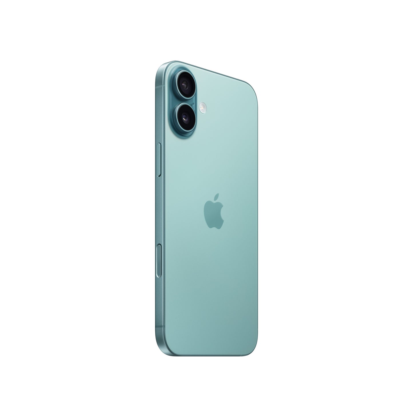 An angled rear view of the teal iPhone 16 showcasing its teal color-infused glass back, centered Apple logo, raised vertical dual-lens camera module with flash, and the physical buttons on the side frame.
