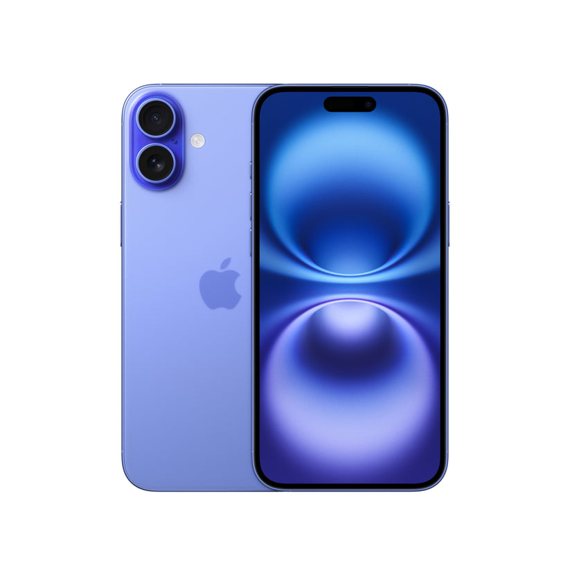 A dual view of the ultramarine iPhone 16 showcasing both the rear panel with its vertical dual-lens camera module and centered Apple logo, alongside the front-facing Super Retina XDR display featuring slim bezels and the pill-shaped Dynamic Island cutout.