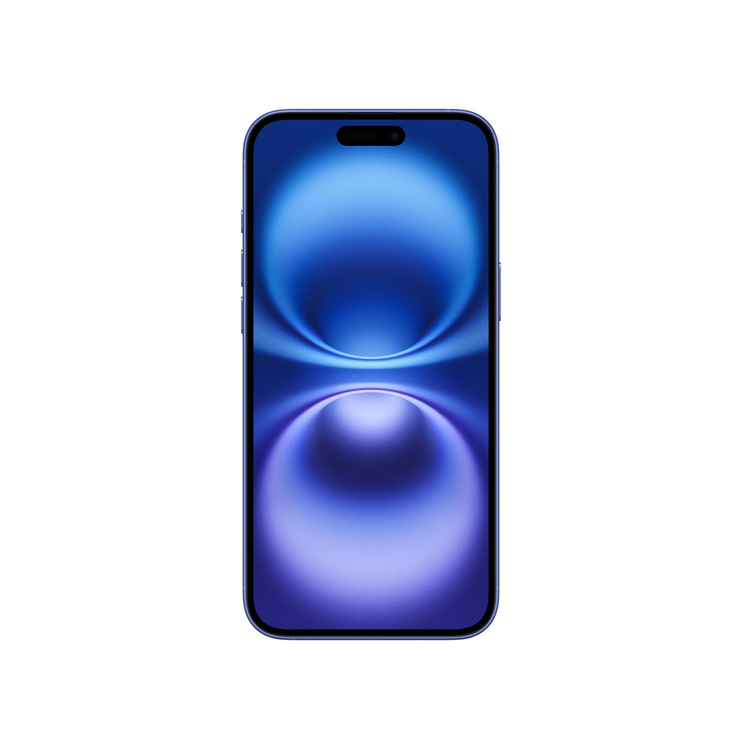 A front-facing view of the ultramarine iPhone 16 showing its vibrant blue Super Retina XDR display, slim bezels, physical buttons along the frame, and the pill-shaped Dynamic Island cutout.