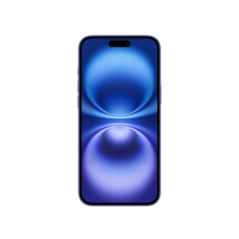 A front-facing view of the ultramarine iPhone 16 showing its vibrant blue Super Retina XDR display, slim bezels, physical buttons along the frame, and the pill-shaped Dynamic Island cutout.