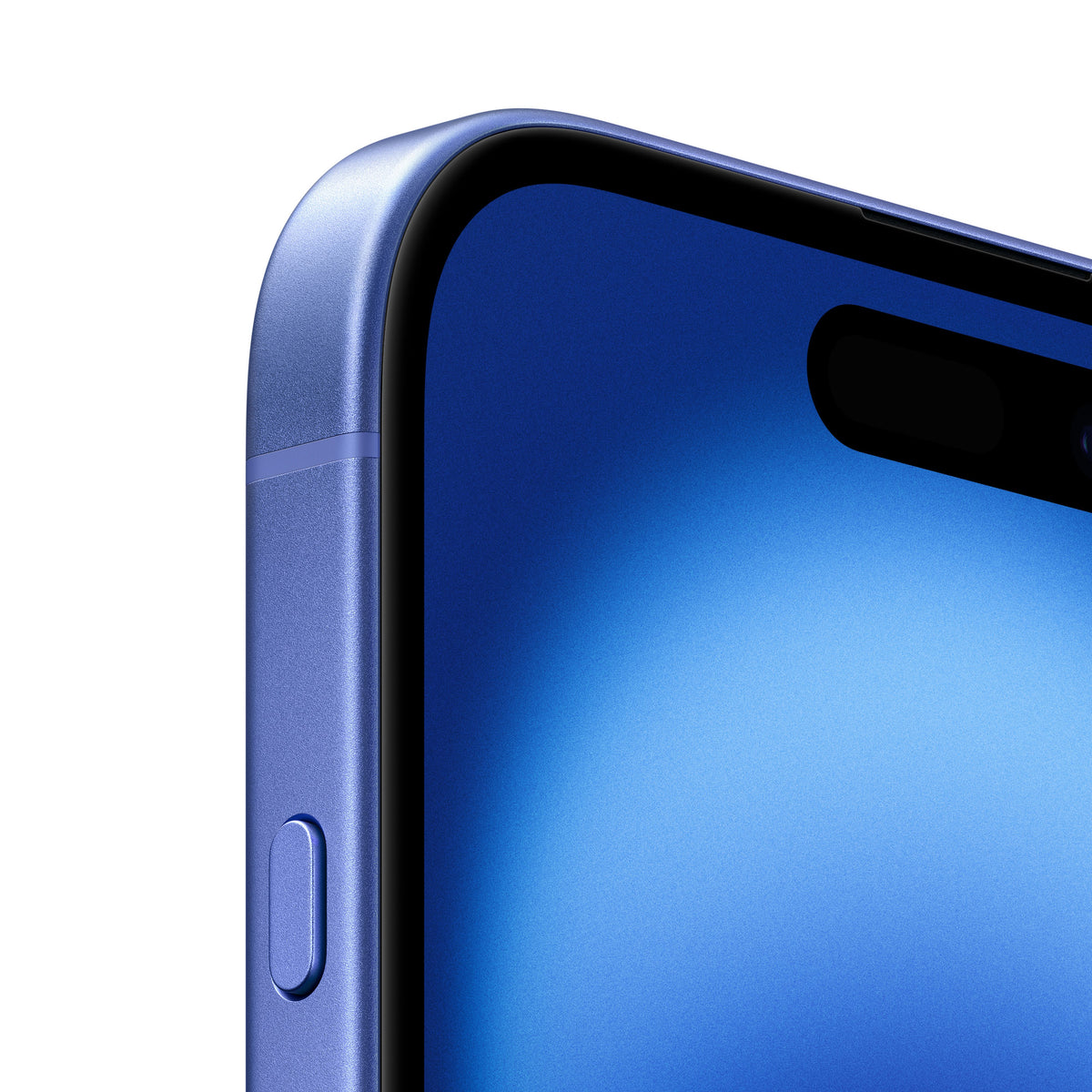 A macro detail view of the ultramarine iPhone 16 showcasing the curved corner of the blue display, the pill-shaped Dynamic Island cutout, and the color-matched aluminum side frame with its physical button housing.