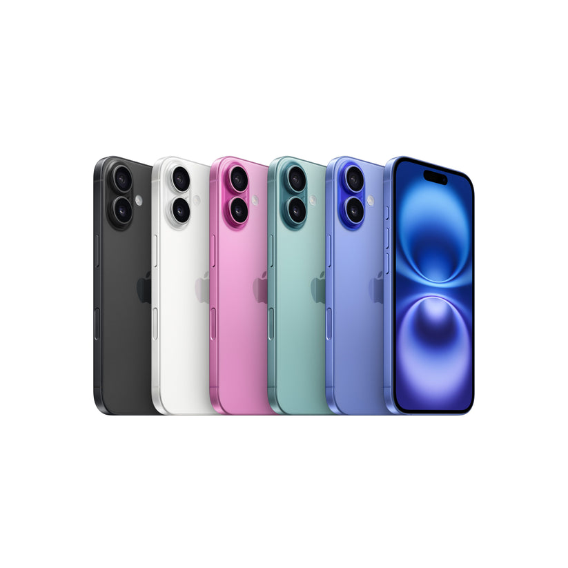A lineup shot showcasing all five color options of the iPhone 16 displayed side by side, featuring Black, White, Pink, Teal, and Ultramarine, with one unit turned to show its vibrant display and Dynamic Island.