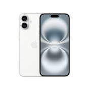 A dual view of the white iPhone 16 showcasing both the rear panel with its vertical dual-lens camera module and centered Apple logo, alongside the front-facing Super Retina XDR display featuring slim bezels and the pill-shaped Dynamic Island cutout.