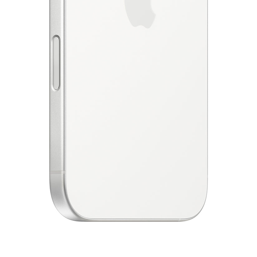 A close-up macro view of the white iPhone 16 highlighting the rounded bottom corner, the clean white matte glass back showing the lower portion of the Apple logo, and the physical Camera Control button seamlessly embedded into the silver aluminum side frame.