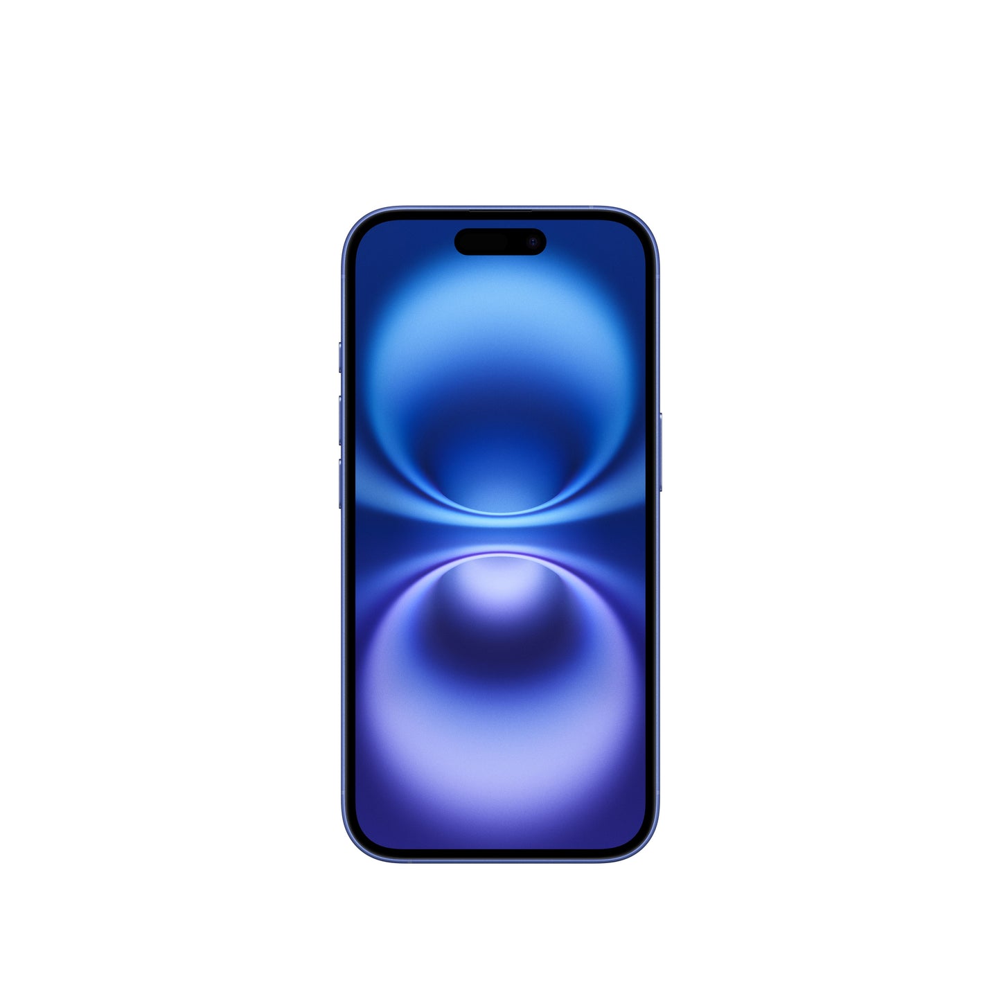 A front-facing view of the ultramarine iPhone 16 showing its vibrant blue Super Retina XDR display, slim bezels, physical buttons along the frame, and the pill-shaped Dynamic Island cutout.