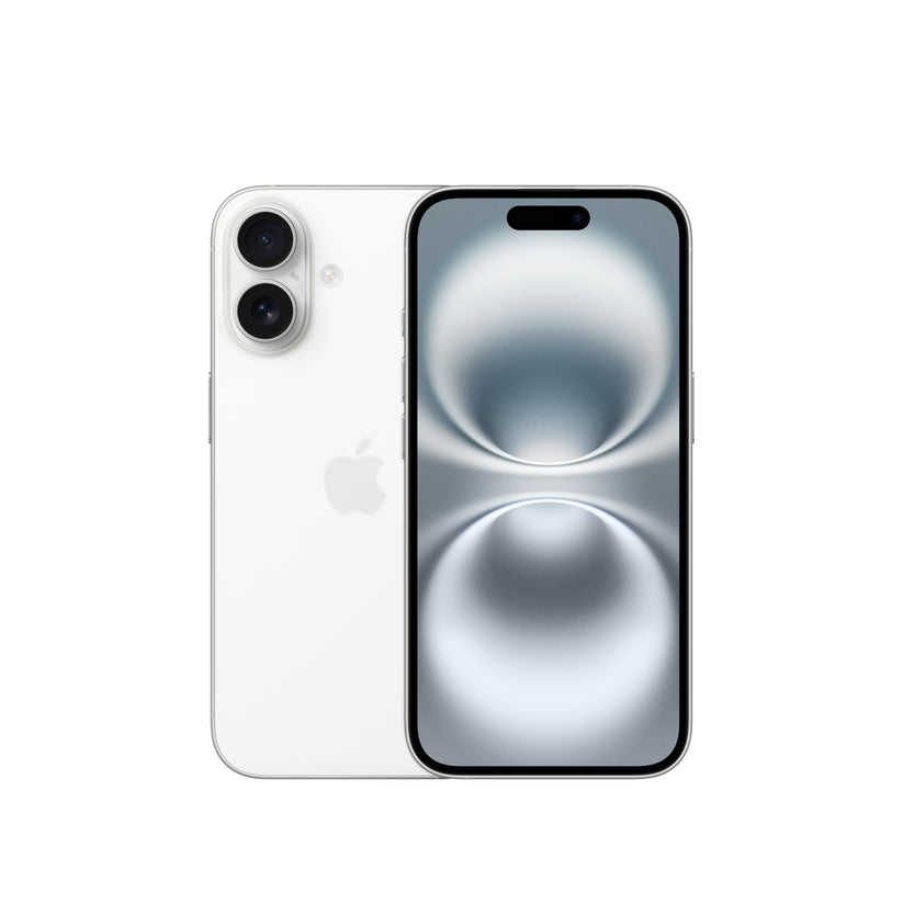 A dual view of the white iPhone 16 showcasing both the rear panel with its vertical dual-lens camera module and centered Apple logo, alongside the front-facing Super Retina XDR display featuring slim bezels and the pill-shaped Dynamic Island cutout.