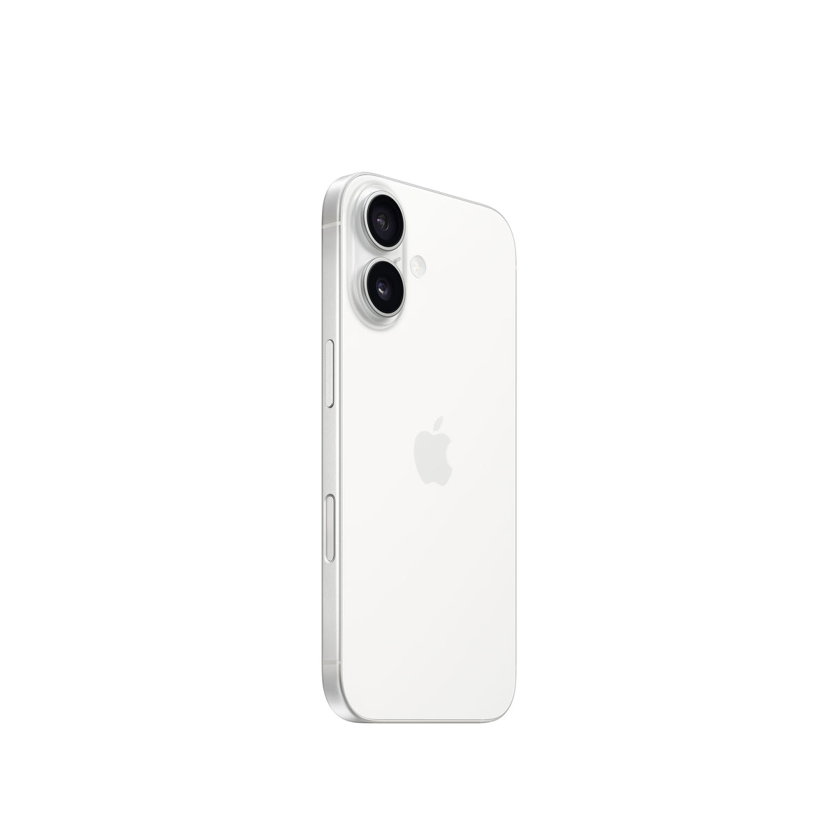 An angled rear view of the white iPhone 16 showcasing its clean white glass back, centered Apple logo, vertical dual-lens camera island with the flash, and the physical buttons on the side frame.