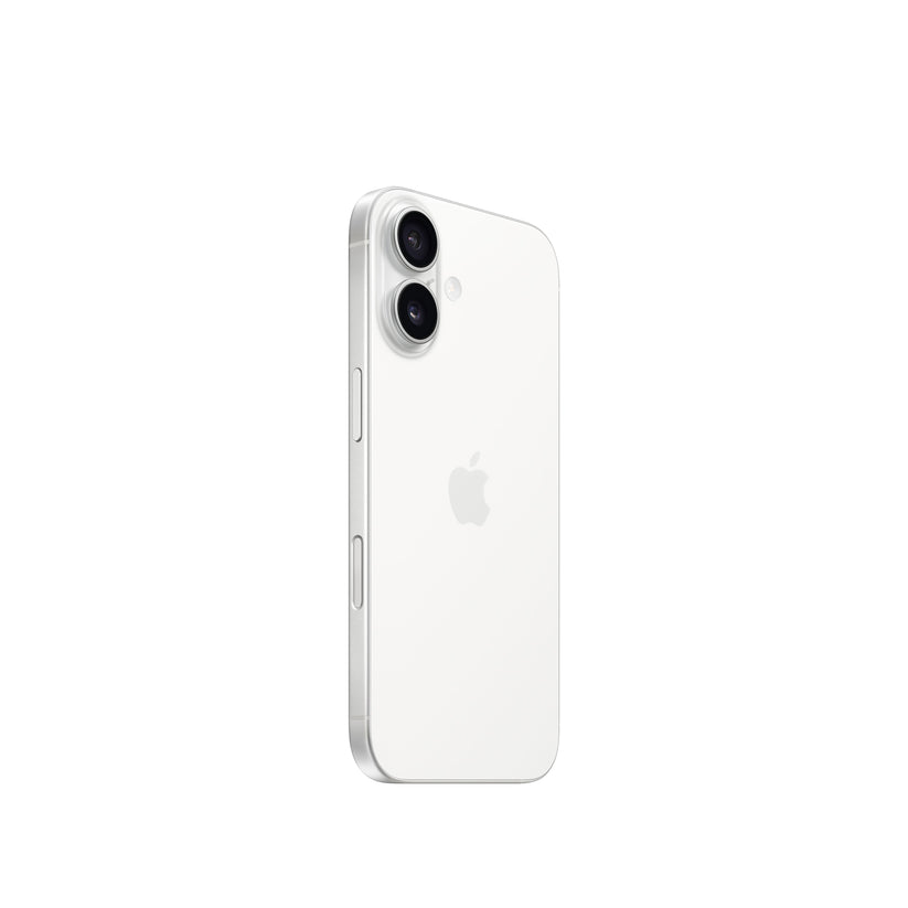 An angled rear view of the white iPhone 16 showcasing its clean white glass back, centered Apple logo, vertical dual-lens camera island with the flash, and the physical buttons on the side frame.