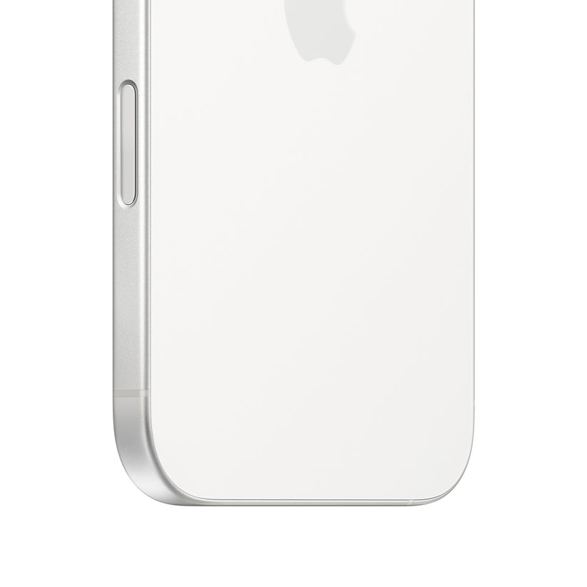 A close-up macro view of the white iPhone 16 highlighting the rounded bottom corner, the clean white matte glass back showing the lower portion of the Apple logo, and the physical Camera Control button seamlessly embedded into the silver aluminum side frame.