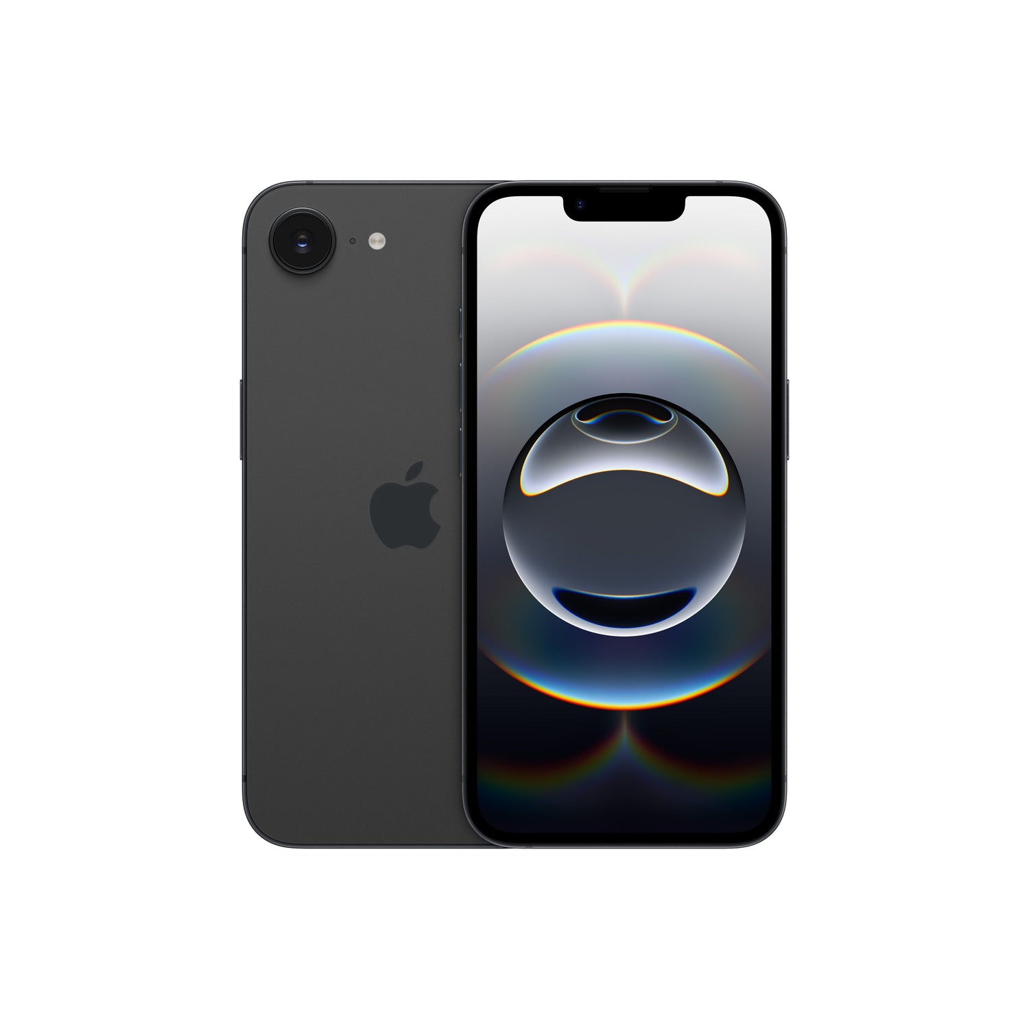The newly provided image shows a dark-colored smartphone featuring a single rear camera lens and a front display with a traditional notch rather than the Dynamic Island found on the iPhone 16e.