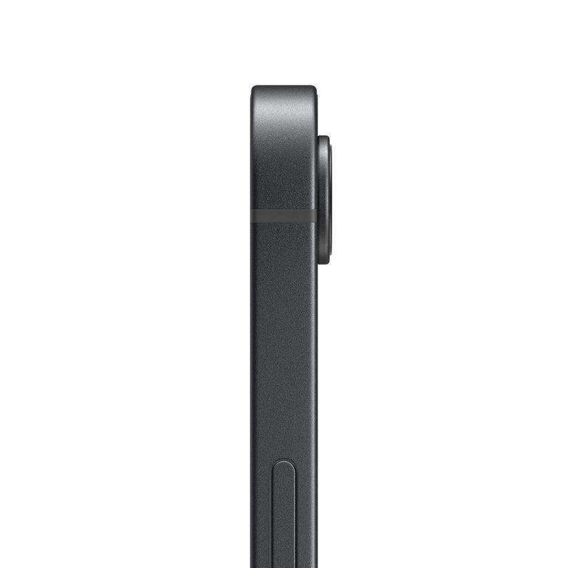 A close-up side profile view of the dark iPhone 16e featuring a matte black aluminum frame, the raised single-lens camera bump, and the physical Action button embedded along the side.