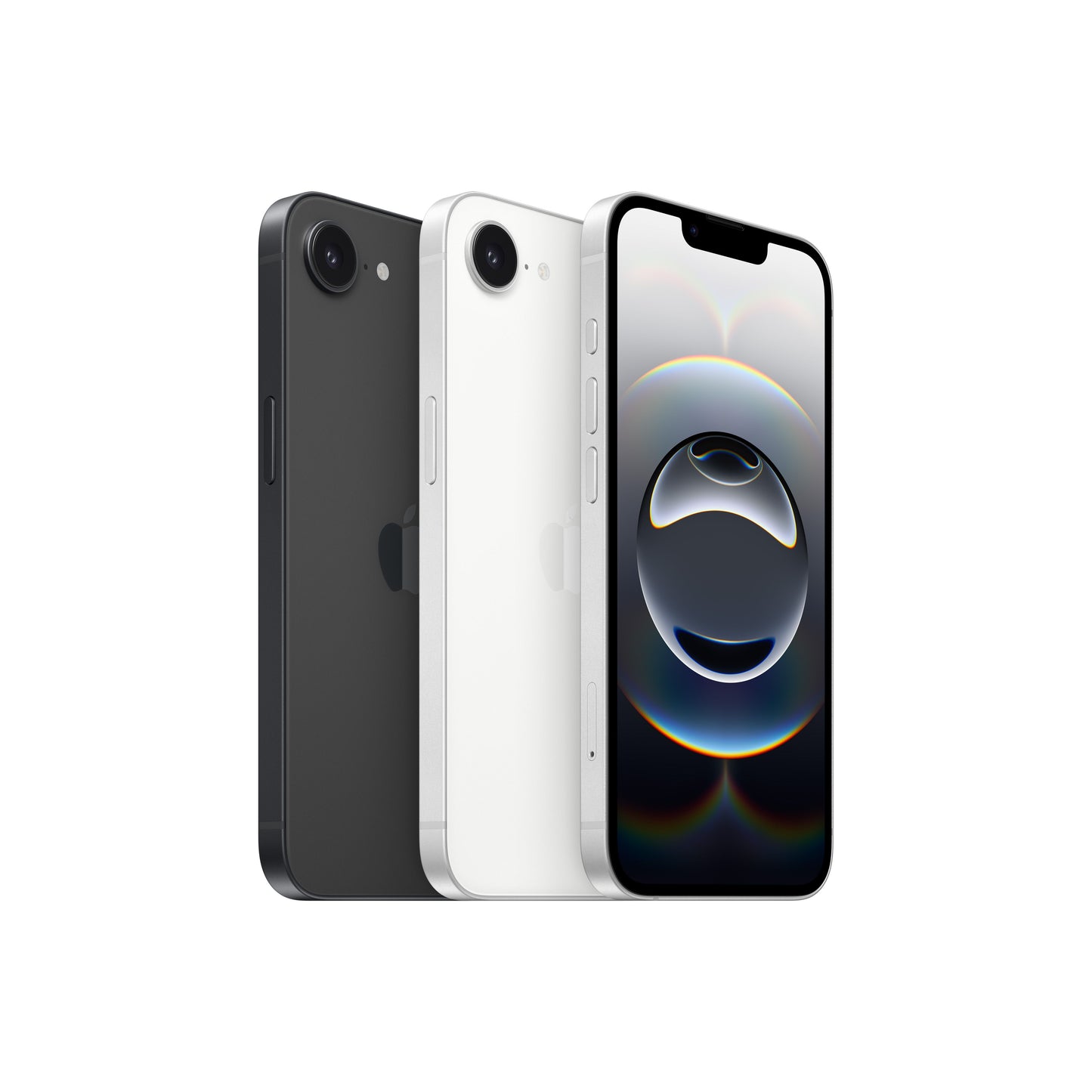 A lineup view showcasing the black and white color options of the iPhone 16e side by side, with the front-facing display turned on to highlight the traditional notch and narrow bezels.