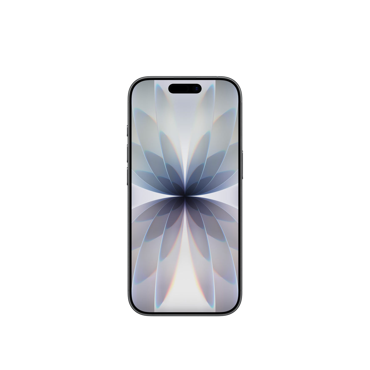 A front-facing view of the Black smartphone, highlighting its edge-to-edge display with the Dynamic Island and the symmetrical, light-toned floral abstract wallpaper.