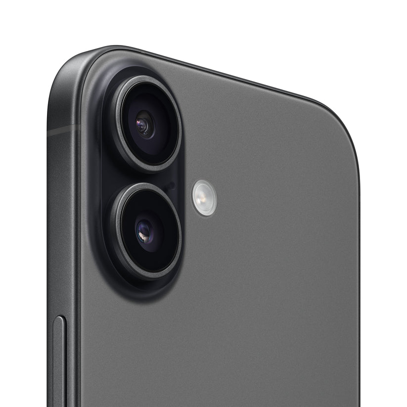 A close-up view of the Black smartphone's rear camera module, highlighting the vertical dual-lens layout, a small microphone hole, and the adjacent flash ring.