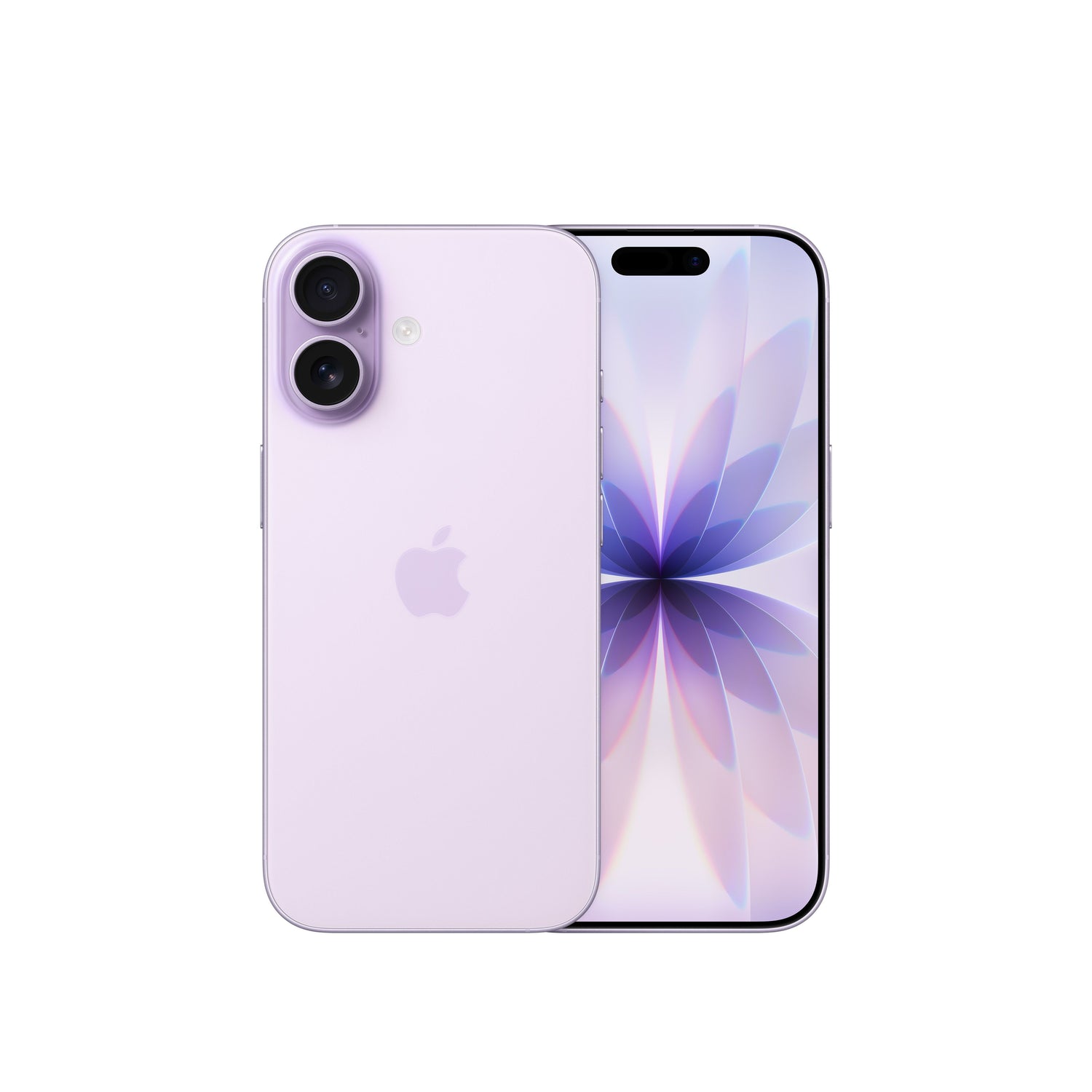 An Apple iPhone 17 displayed in Lavender, showing the vertical dual-lens rear camera system on the back panel alongside the front display featuring a soft, floral abstract wallpaper and the Dynamic Island