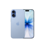 An Apple iPhone 17 displayed in Mist Blue, showing the vertical dual-lens rear camera system on the back panel alongside the front display featuring a soft, floral abstract wallpaper and the Dynamic Island