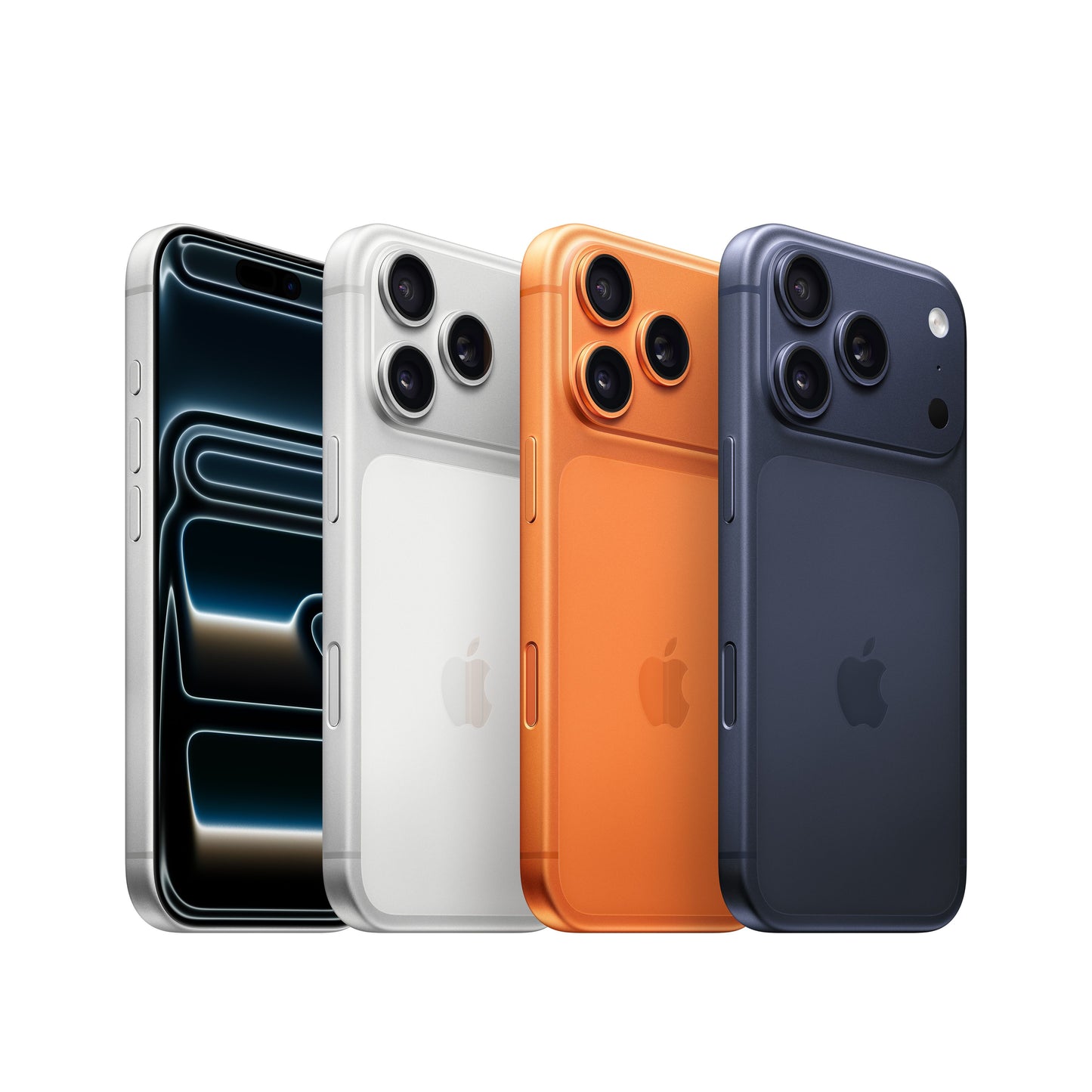 A lineup of four iPhone 17 Pro units displayed together, showing the front display on the left and three different color finishes on the rear: Silver, Orange, and Dark Blue.