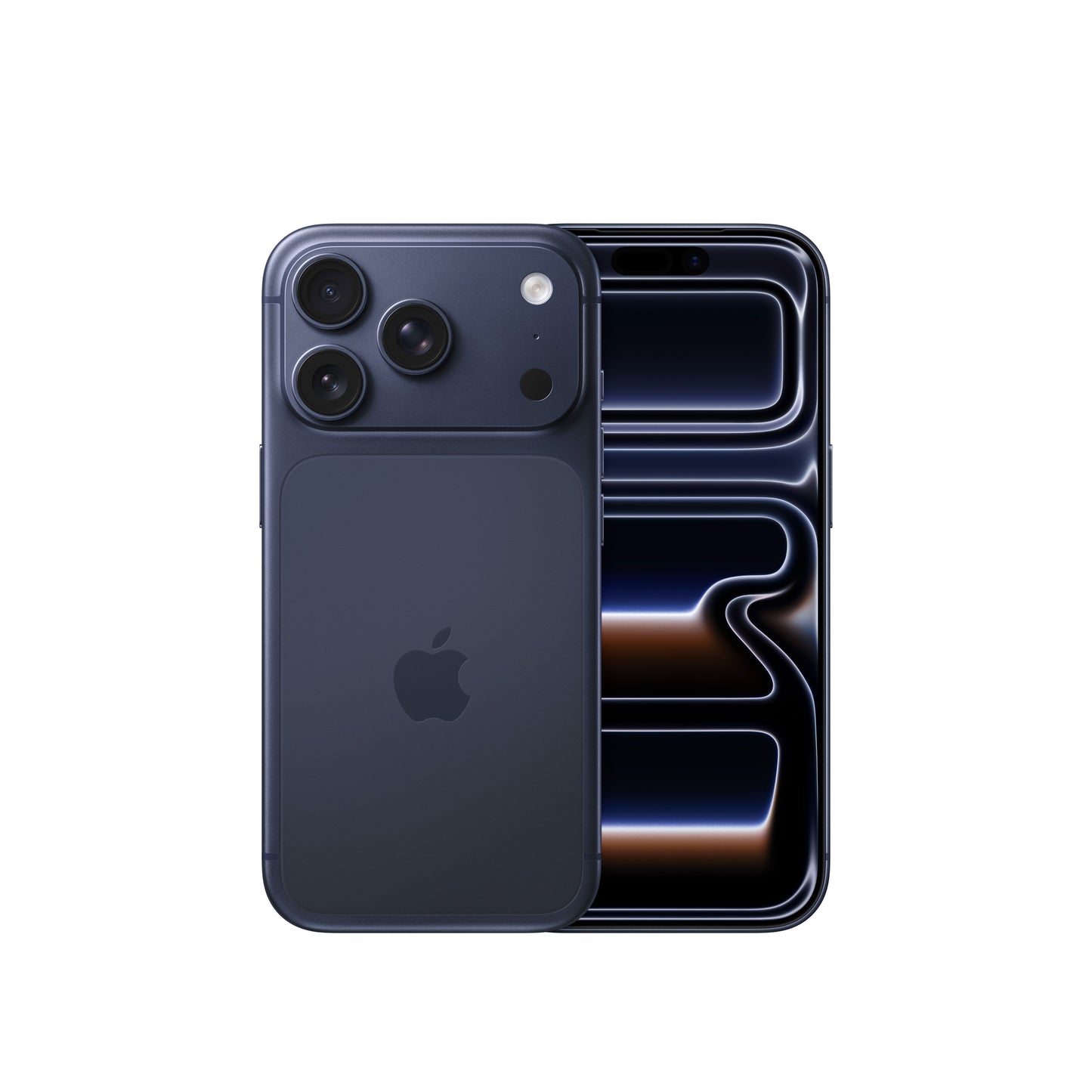 The Apple iPhone 17 Pro in Deep Blue, showing both the rear panel with its triple-lens camera module and the front display with a dark, abstract wallpaper.