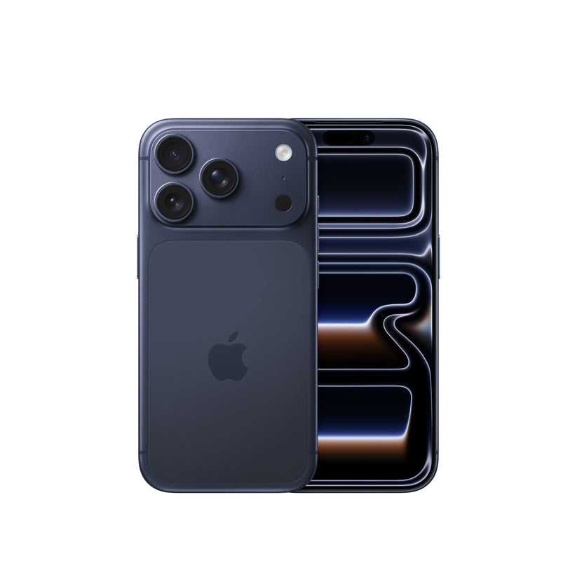 The Apple iPhone 17 Pro in Deep Blue, showing both the rear panel with its triple-lens camera module and the front display with a dark, abstract wallpaper.