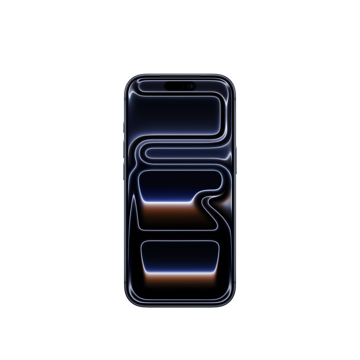 A front-facing view of the iPhone 17 Pro in Deep Blue, showing the edge-to-edge display with the Dynamic Island and an abstract, dark-toned wallpaper.