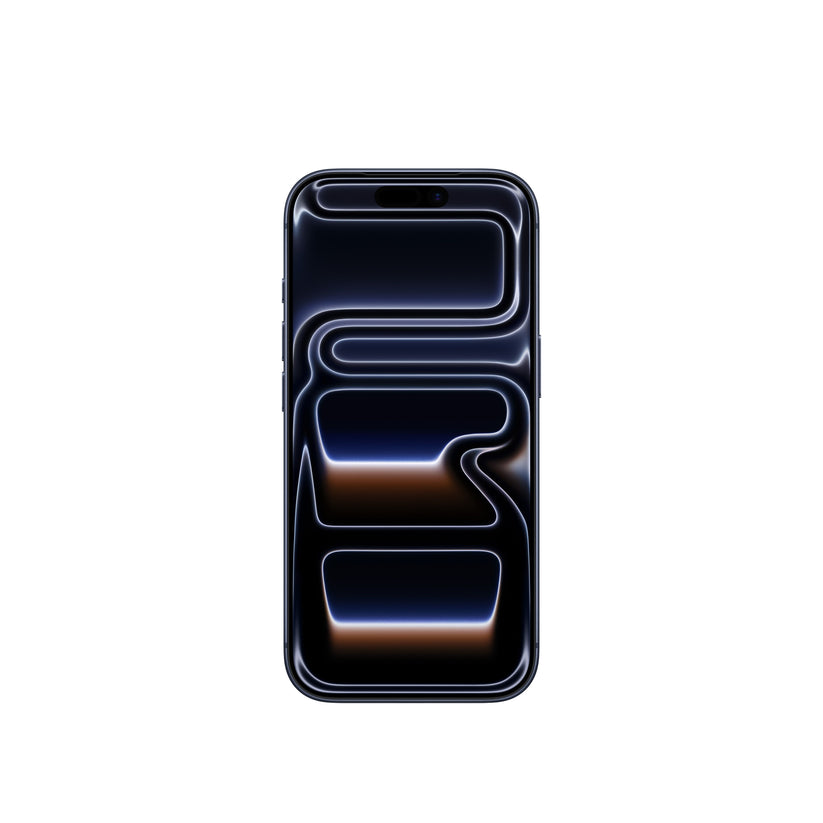 A front-facing view of the iPhone 17 Pro in Deep Blue, showing the edge-to-edge display with the Dynamic Island and an abstract, dark-toned wallpaper.