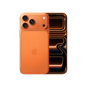 The Apple iPhone 17 Pro Max in Cosmic Orange, showing both the rear panel with its triple-camera setup and the front display featuring an orange-toned abstract wallpaper.