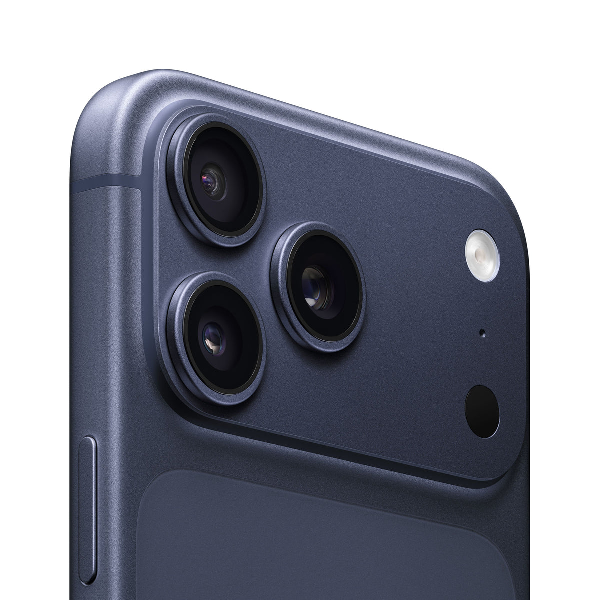 A close-up view of the rear camera module on the iPhone 17 Pro Max in Deep Blue, showcasing the triple-lens arrangement, flash, microphone, and the distinctive raised camera housing.