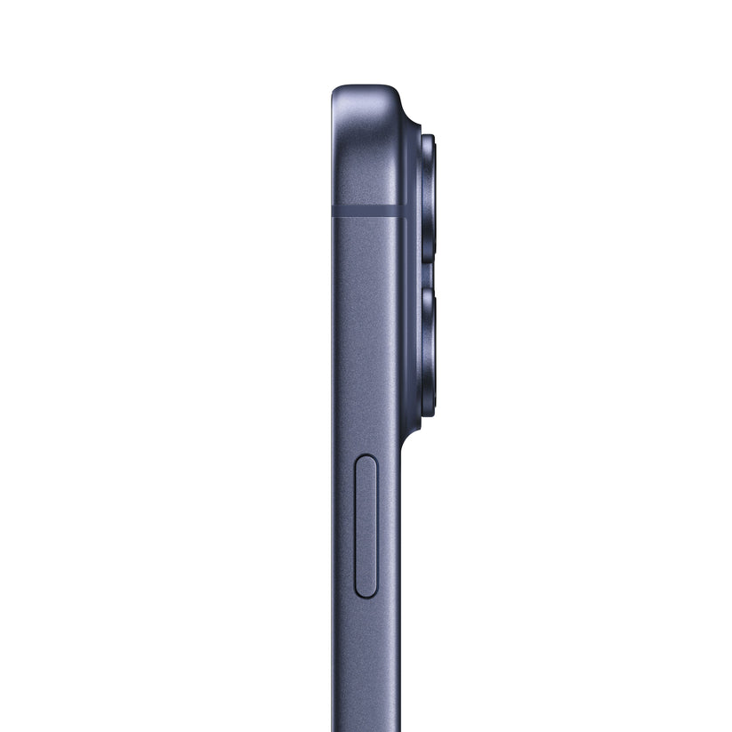 A side profile view of the iPhone 17 Pro  Max in Deep Blue, showing the side button and the prominent rear camera module bump.