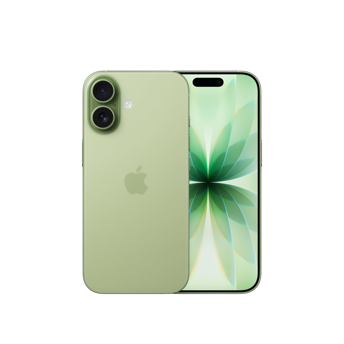 An Apple iPhone 17 displayed in Sage, showing the vertical dual-lens rear camera system on the back panel alongside the front display featuring a soft, floral abstract wallpaper and the Dynamic Island