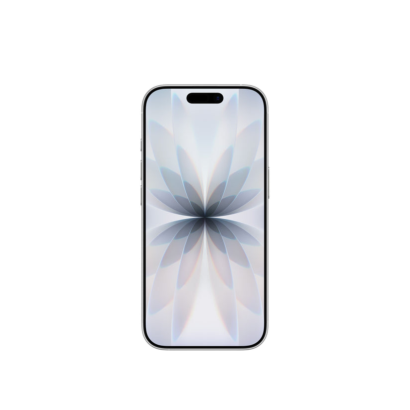 A front-facing view of the white smartphone, highlighting its edge-to-edge display with the Dynamic Island and the symmetrical, light-toned floral abstract wallpaper.