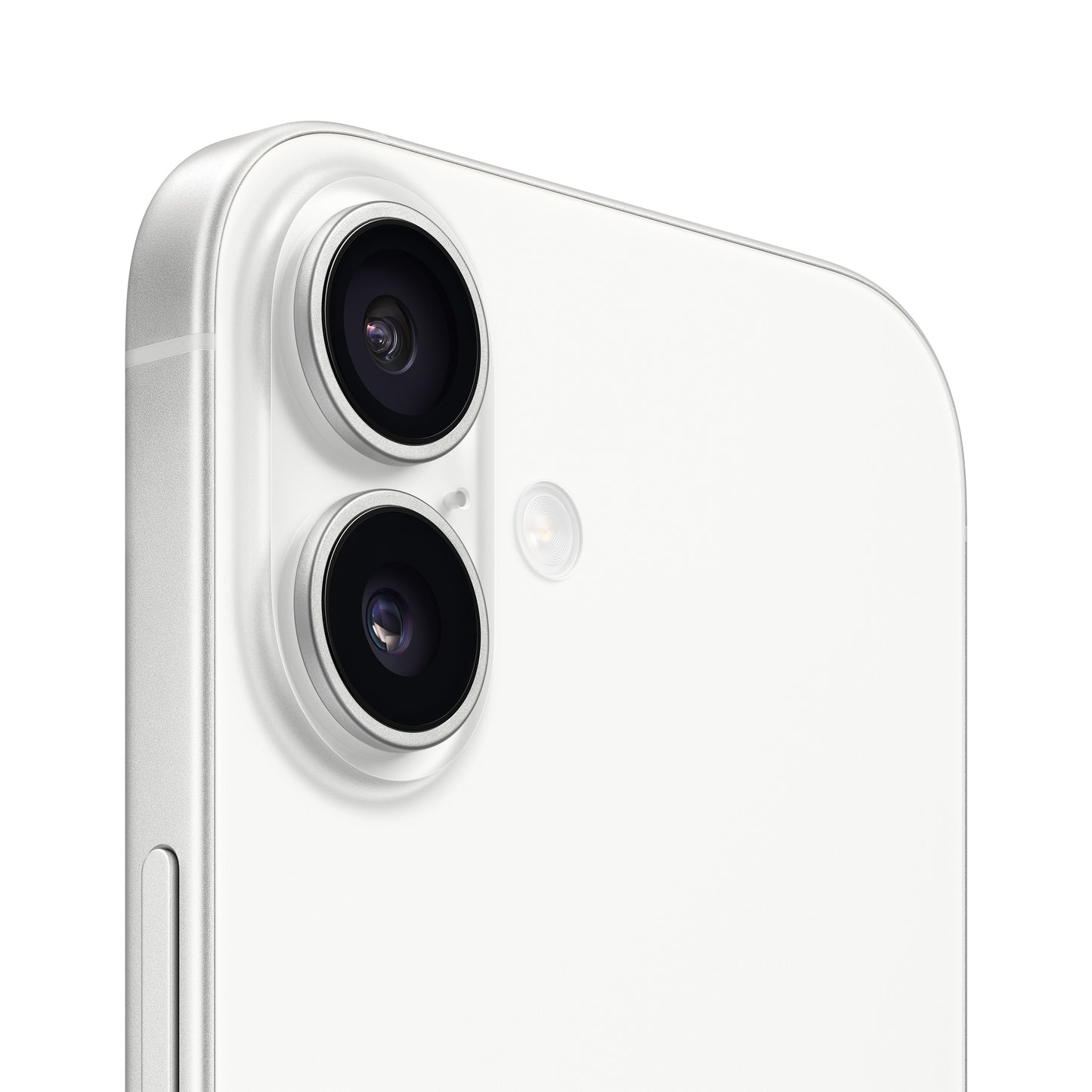 A close-up view of the white smartphone's rear camera module, highlighting the vertical dual-lens layout, a small microphone hole, and the adjacent flash ring.