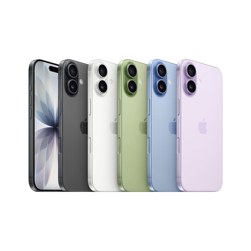 A lineup of six smartphones displayed together, showcasing a front display on the far left followed by five different color finishes for the rear panels: dark gray/black, white, light green, light blue, and light purple, each featuring a vertical dual-lens camera system.