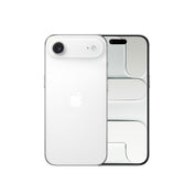 A white smartphone shown from both the front and back, featuring a distinctive horizontal camera "plateau" bar across the upper rear housing a single camera lens, a microphone hole, and a flash, alongside a centered Apple logo and a front display featuring the Dynamic Island and an abstract geometric wallpaper