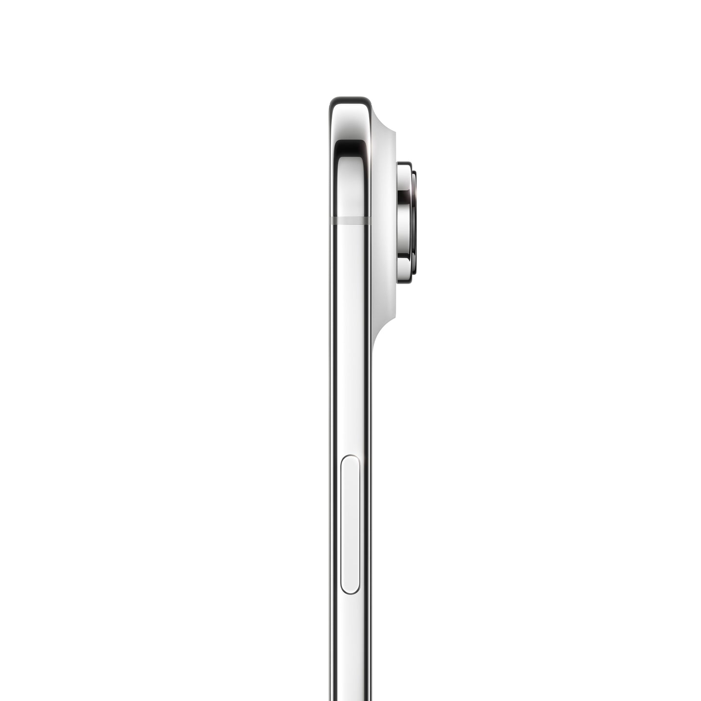 A profile side view of the white iPhone Air, highlighting its ultra-slim chassis, polished metal frame, side button, and the distinct protrusion of the horizontal camera plateau and single lens on the rear.