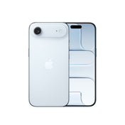 A light blue-toned variant of the iPhone Air concept, displayed from both the front and back. The rear showcases the signature horizontal "plateau" camera bar housing a single lens, microphone, and flash, while the front screen displays the Dynamic Island paired with a matching cool blue-tinted geometric wallpaper.