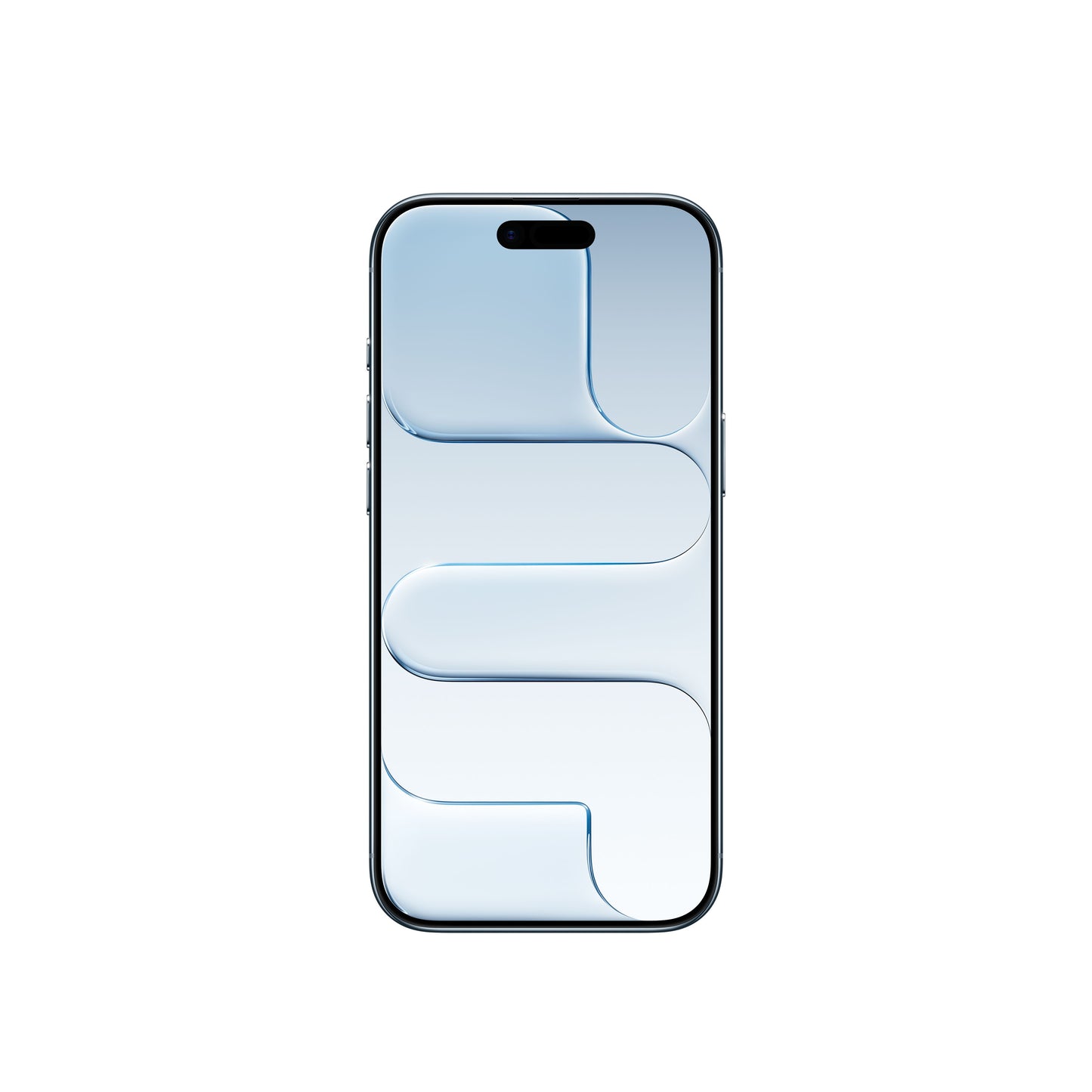 A front-facing view of the light blue-toned iPhone Air smartphone, showcasing an all-screen display with slim bezels, the Dynamic Island pill-shaped cutout at the top, and a matching cool blue abstract geometric wallpaper.