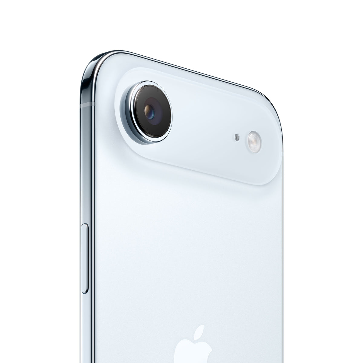 A close-up view of the light blue iPhone Air, highlighting the upper-rear horizontal camera plateau housing the single protruding camera lens, microphone hole, and flash, along with the polished cool-toned metal frame, side button, and the top portion of the Apple logo.